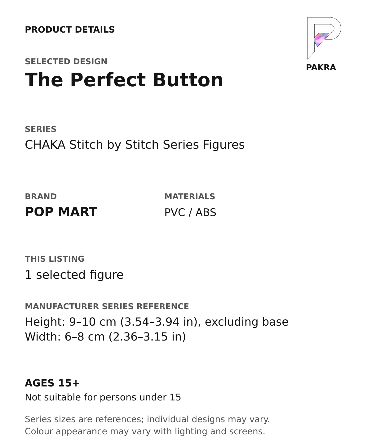 The Perfect Button product specifications for CHAKA Stitch by Stitch Series Figures; selected unit, materials and manufacturer series reference size on a white background with the PAKRA logo