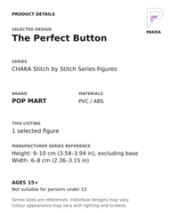 The Perfect Button product specifications for CHAKA Stitch by Stitch Series Figures; selected unit, materials and manufacturer series reference size on a white background with the PAKRA logo