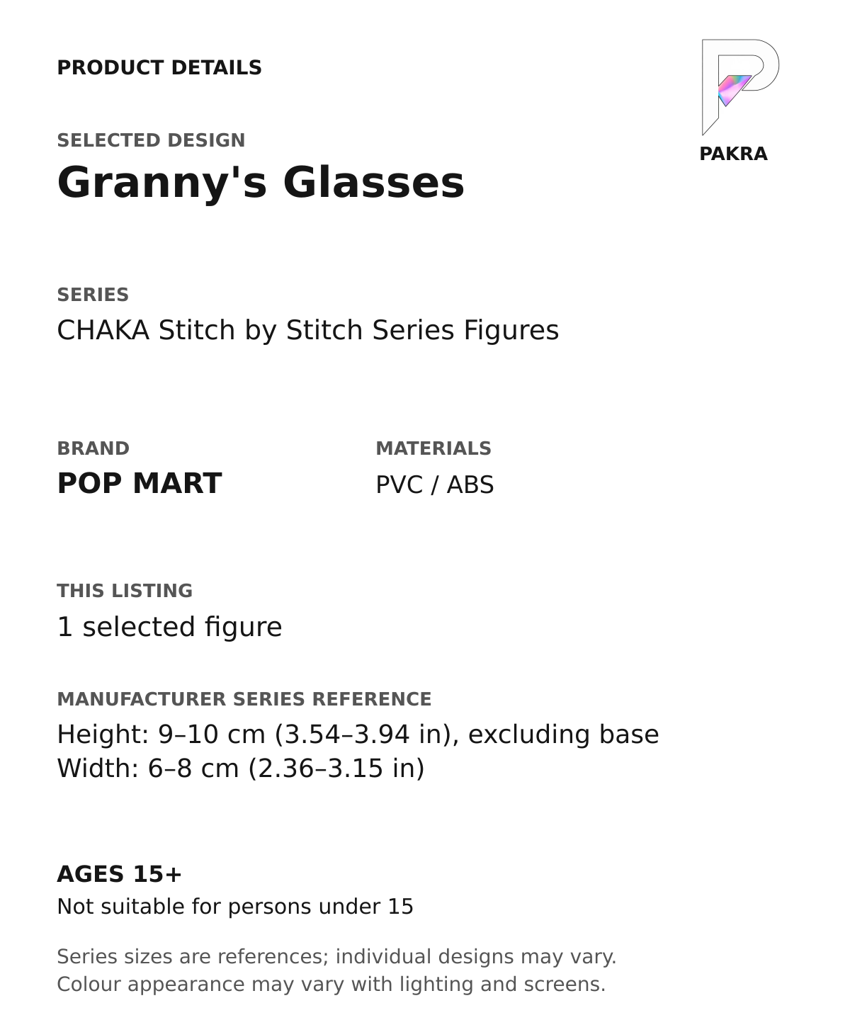Granny's Glasses product specifications for CHAKA Stitch by Stitch Series Figures; selected unit, materials and manufacturer series reference size on a white background with the PAKRA logo
