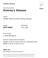 Granny's Glasses product specifications for CHAKA Stitch by Stitch Series Figures; selected unit, materials and manufacturer series reference size on a white background with the PAKRA logo