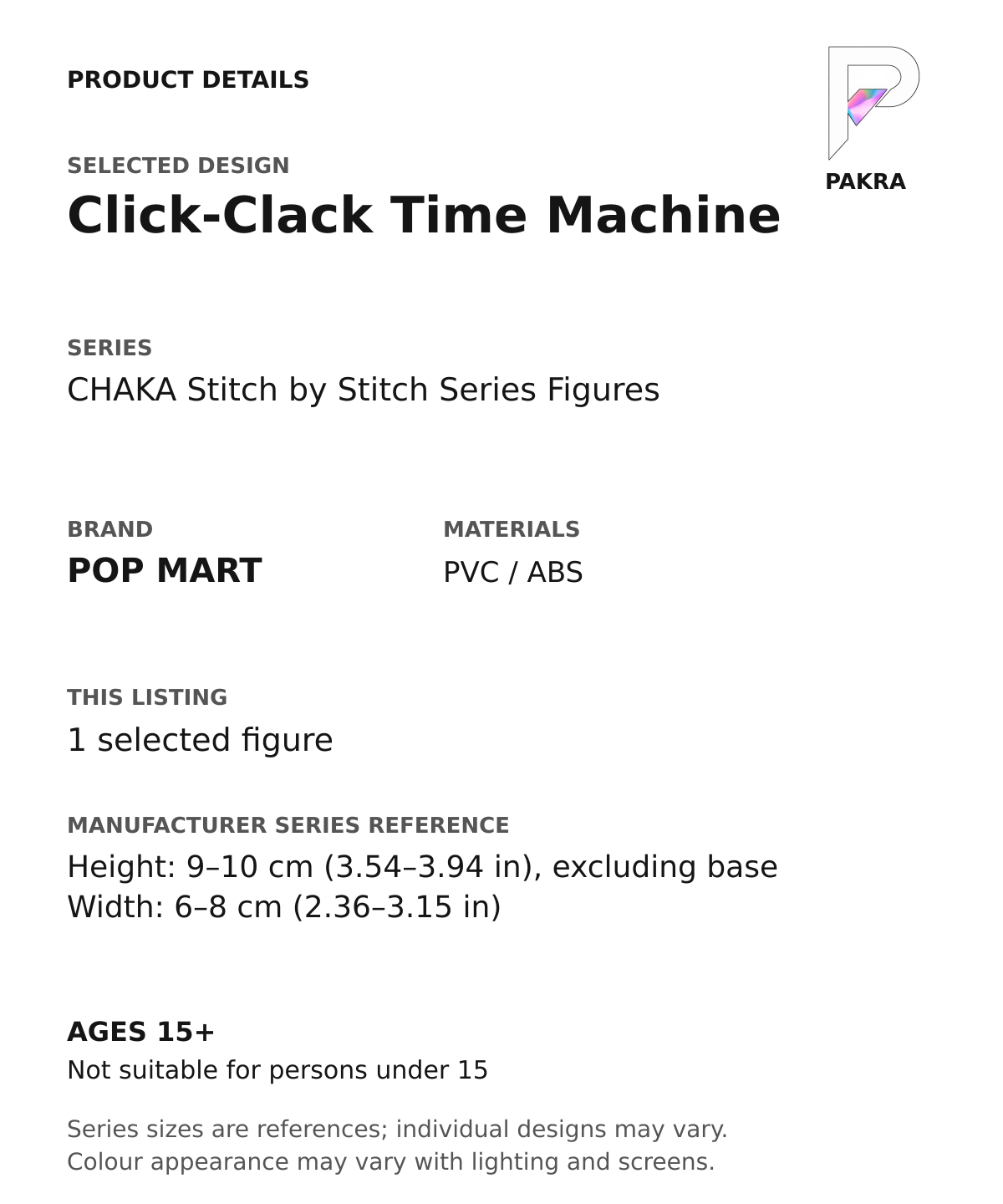 Click-Clack Time Machine product specifications for CHAKA Stitch by Stitch Series Figures; selected unit, materials and manufacturer series reference size on a white background with the PAKRA logo