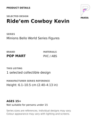 Ride’em Cowboy Kevin product specifications for Minions Bello World Series Figures; selected unit, materials and manufacturer series reference size on a white background with the PAKRA logo