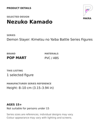 Nezuko Kamado product specifications for Demon Slayer: Kimetsu no Yaiba Battle Series Figures; selected unit, materials and manufacturer series reference size on a white background with the PAKRA logo