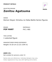 Zenitsu Agatsuma product specifications for Demon Slayer: Kimetsu no Yaiba Battle Series Figures; selected unit, materials and manufacturer series reference size on a white background with the PAKRA logo