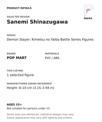 Sanemi Shinazugawa product specifications for Demon Slayer: Kimetsu no Yaiba Battle Series Figures; selected unit, materials and manufacturer series reference size on a white background with the PAKRA logo