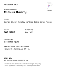 Mitsuri Kanroji product specifications for Demon Slayer: Kimetsu no Yaiba Battle Series Figures; selected unit, materials and manufacturer series reference size on a white background with the PAKRA logo