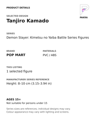 Tanjiro Kamado product specifications for Demon Slayer: Kimetsu no Yaiba Battle Series Figures; selected unit, materials and manufacturer series reference size on a white background with the PAKRA logo