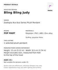 Bling Bling Judy product specifications for Zootopia Ace Duo Series Plush Pendant; selected unit, materials and manufacturer series reference size on a white background with the PAKRA logo