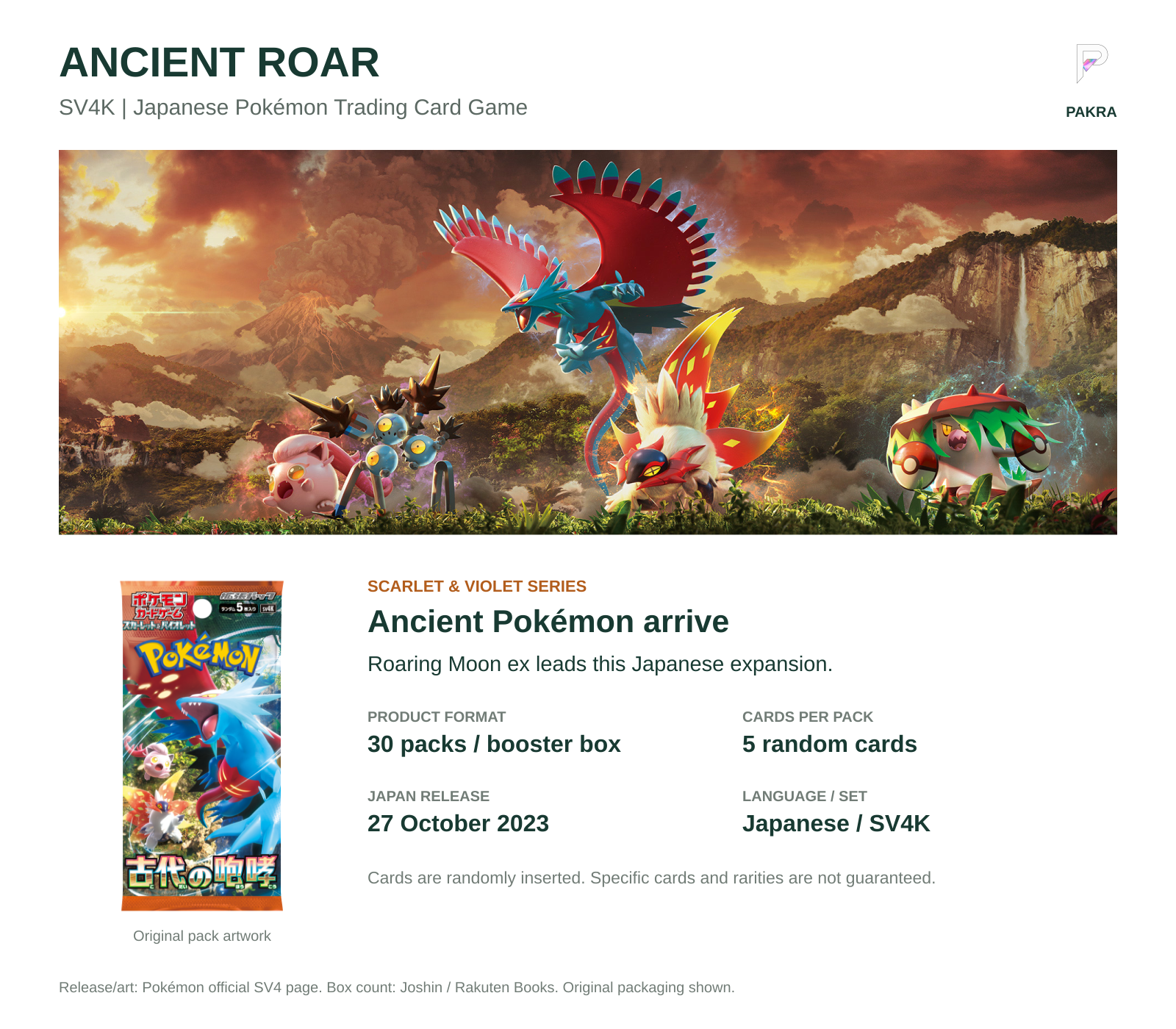 Ancient Roar SV4K English product details with original official Japanese pack and release artwork, 30 packs per box and 5 random cards per pack