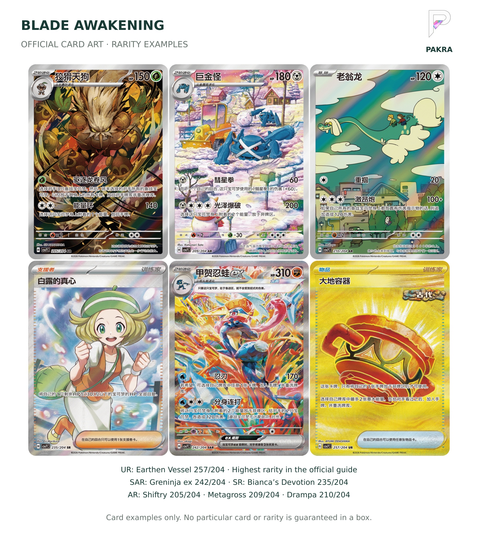 Blade Awakening CSV7C official card examples: Earthen Vessel UR, Greninja ex SAR, Bianca’s Devotion SR and three AR cards; random contents, not guaranteed extras