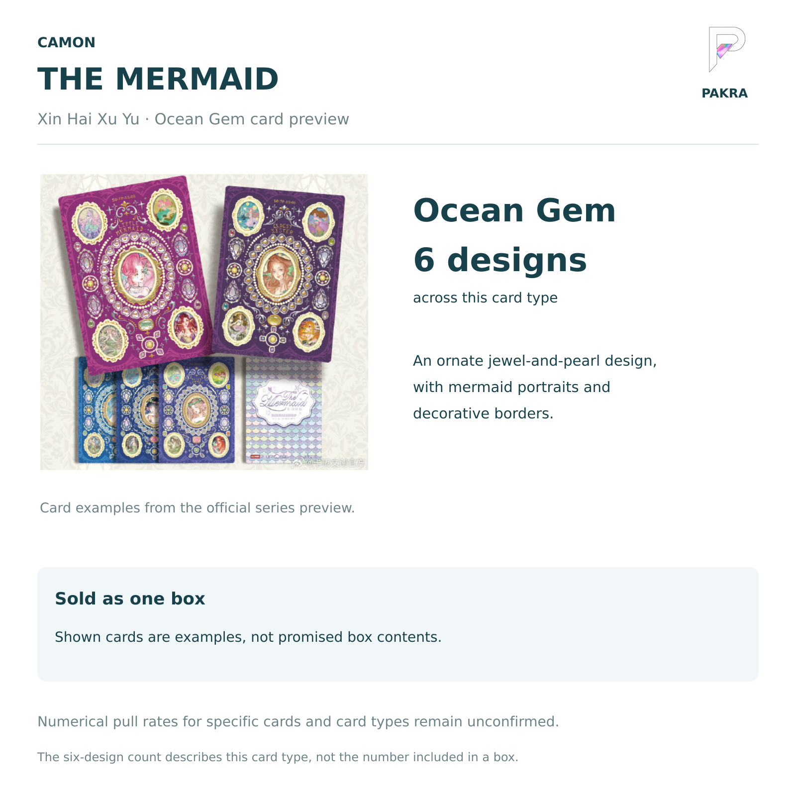 CAMON The Mermaid Xin Hai Xu Yu Ocean Gem card examples and six-design card type; sold as one box with randomized contents, pictured cards not guaranteed