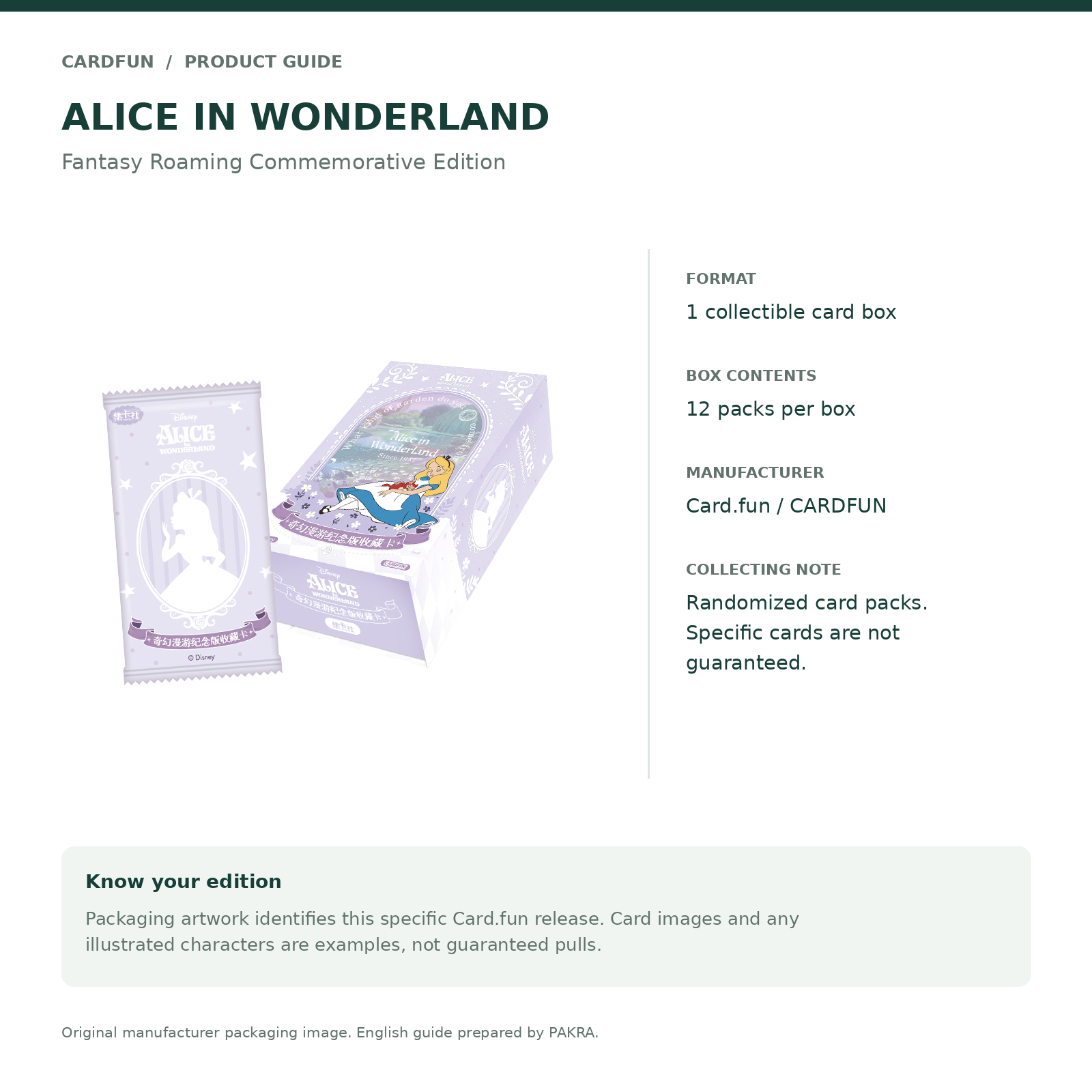 English product guide for the Card.fun alice collectible card box, showing pack count and edition information