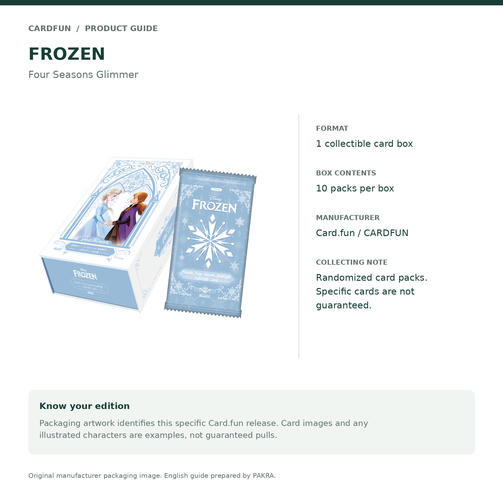 English product guide for the Card.fun frozen collectible card box, showing pack count and edition information