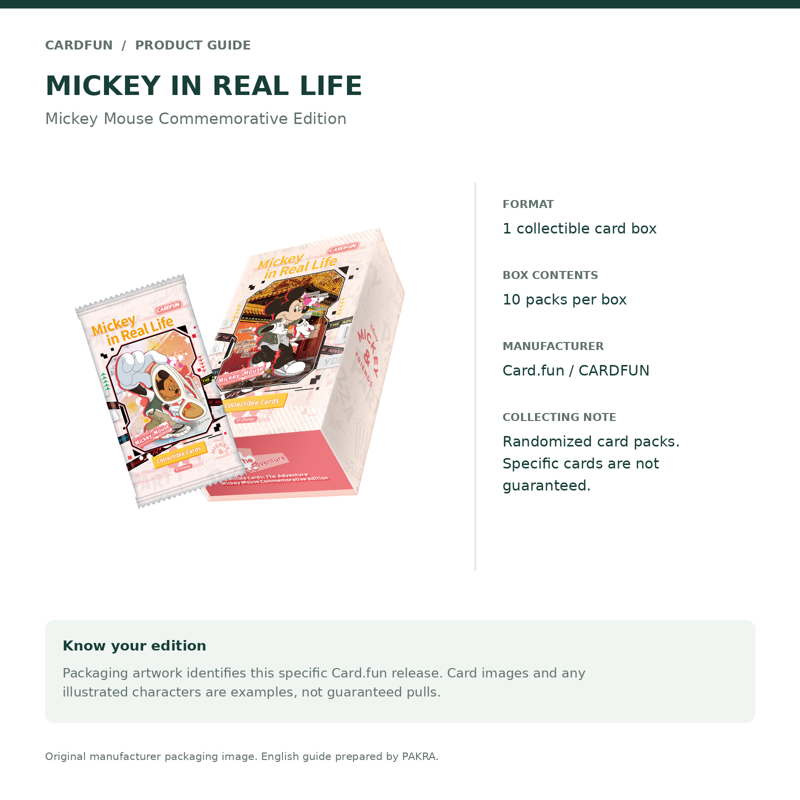 English product guide for Card.fun Disney Mickey in Real Life Commemorative Collectible Card Box, including pack count and edition notes