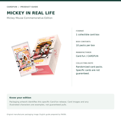 English product guide for Card.fun Disney Mickey in Real Life Commemorative Collectible Card Box, including pack count and edition notes