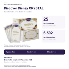 English overview of the 2026 Card.fun Disney CRYSTAL collection and sealed box, pre-order expected to ship in mid-November 2026.