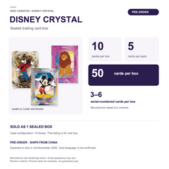 English box specifications: 10 packs per box, 5 cards per pack, and 3 to 6 serial-numbered cards per box; expected dispatch in mid-November 2026.
