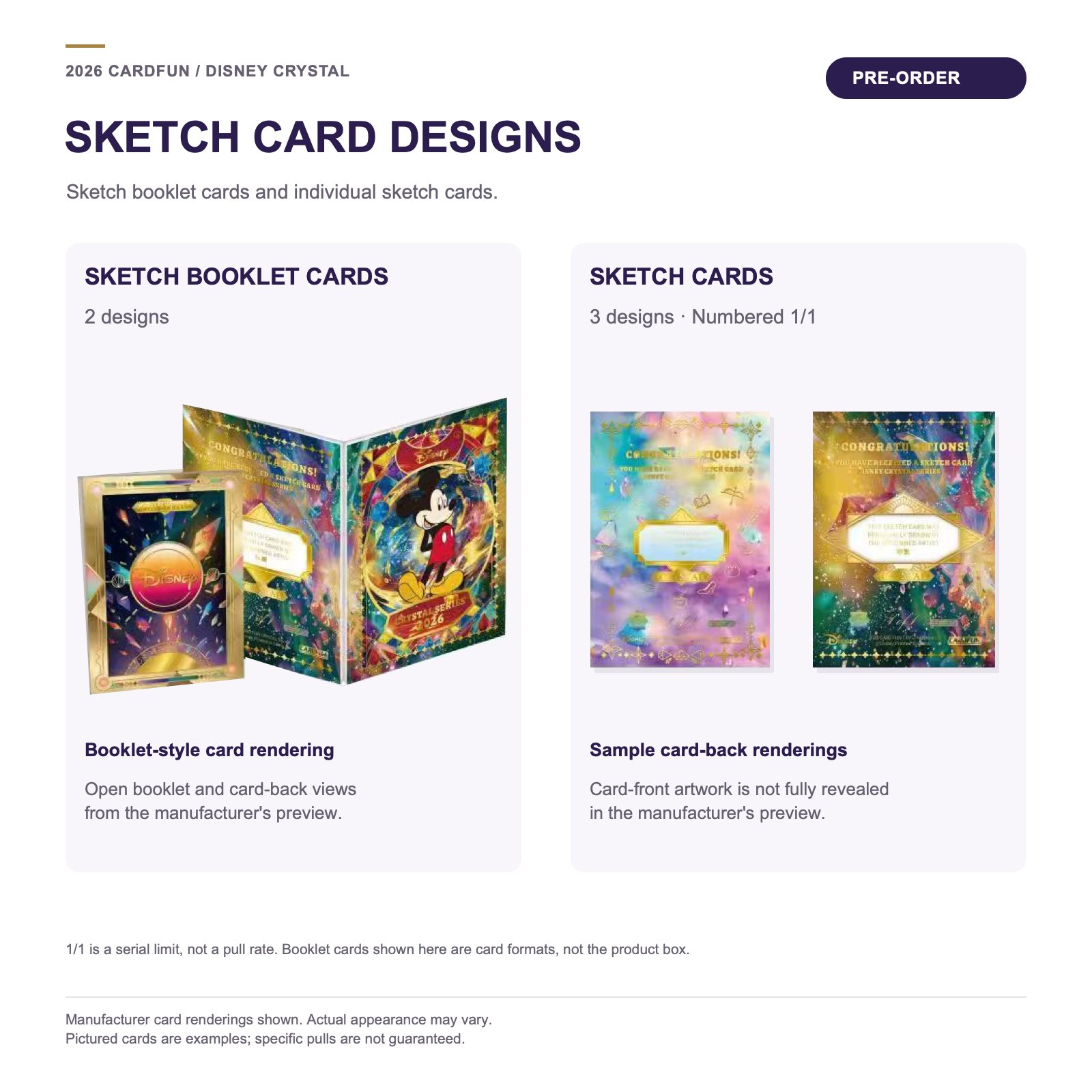 Disney CRYSTAL sketch booklet cards and sketch-card preview renderings, with English explanations.