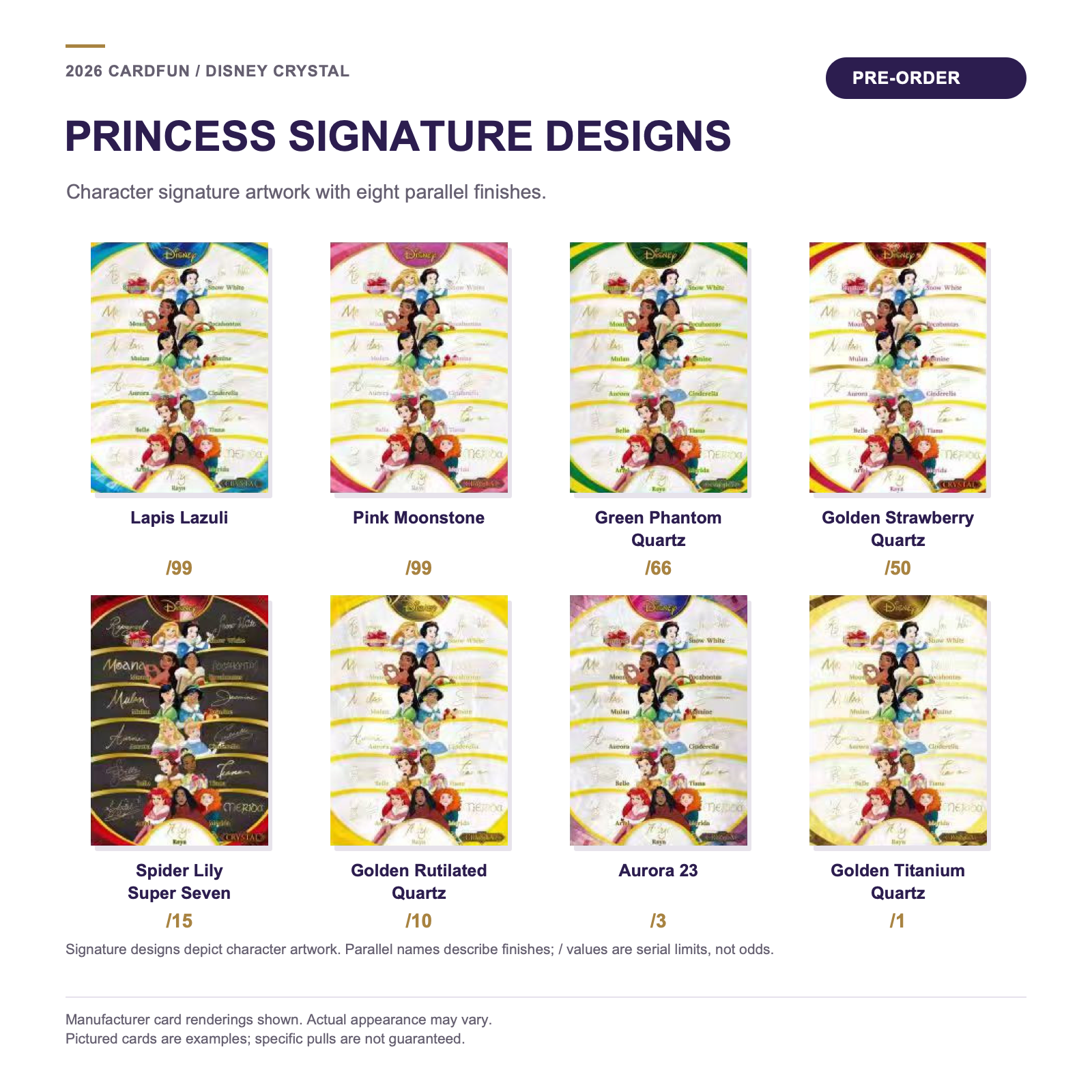 Disney CRYSTAL princess character signature designs and eight parallel finish previews with English labels.