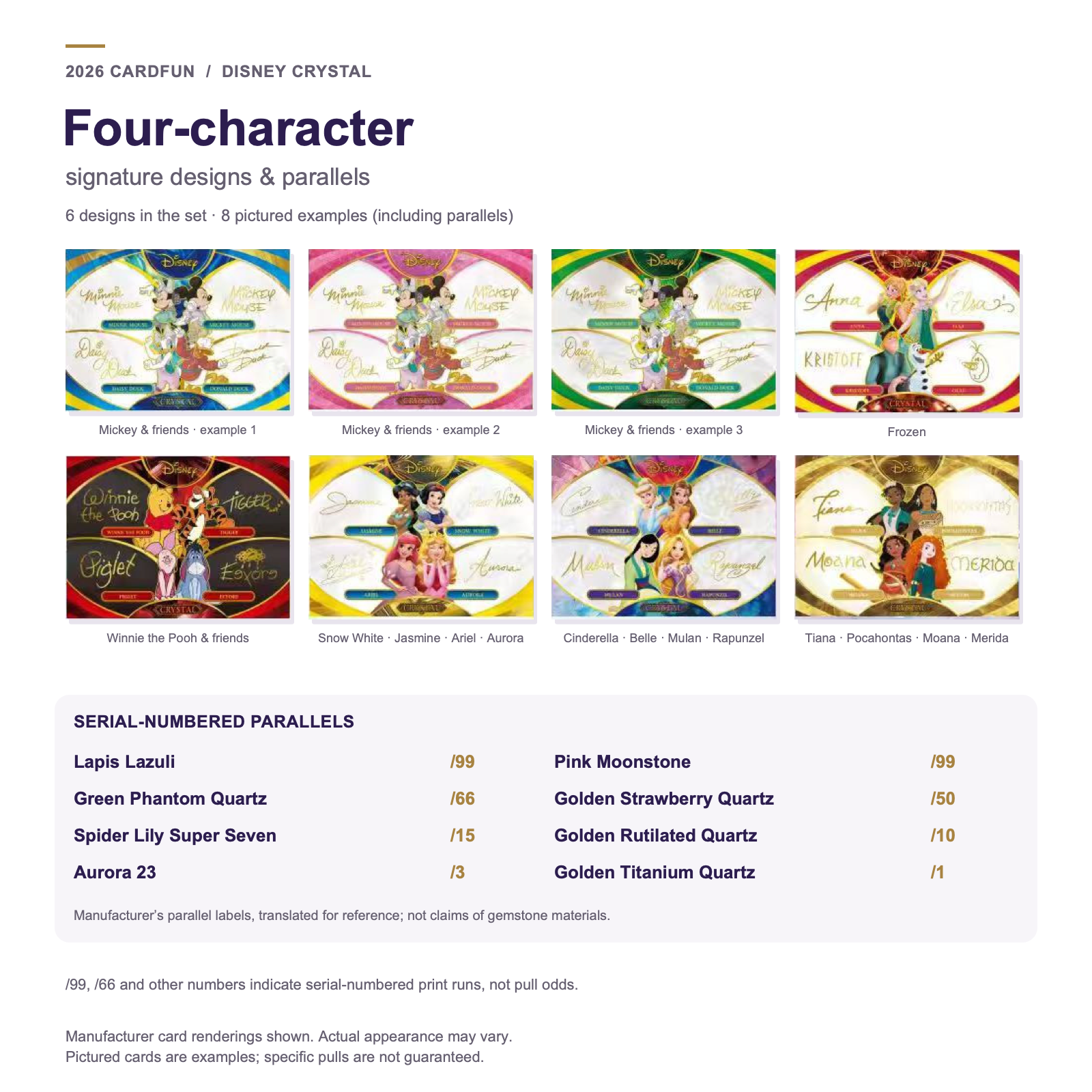 Disney CRYSTAL four-character signature-design cards and serial-numbered parallel previews with English explanations.