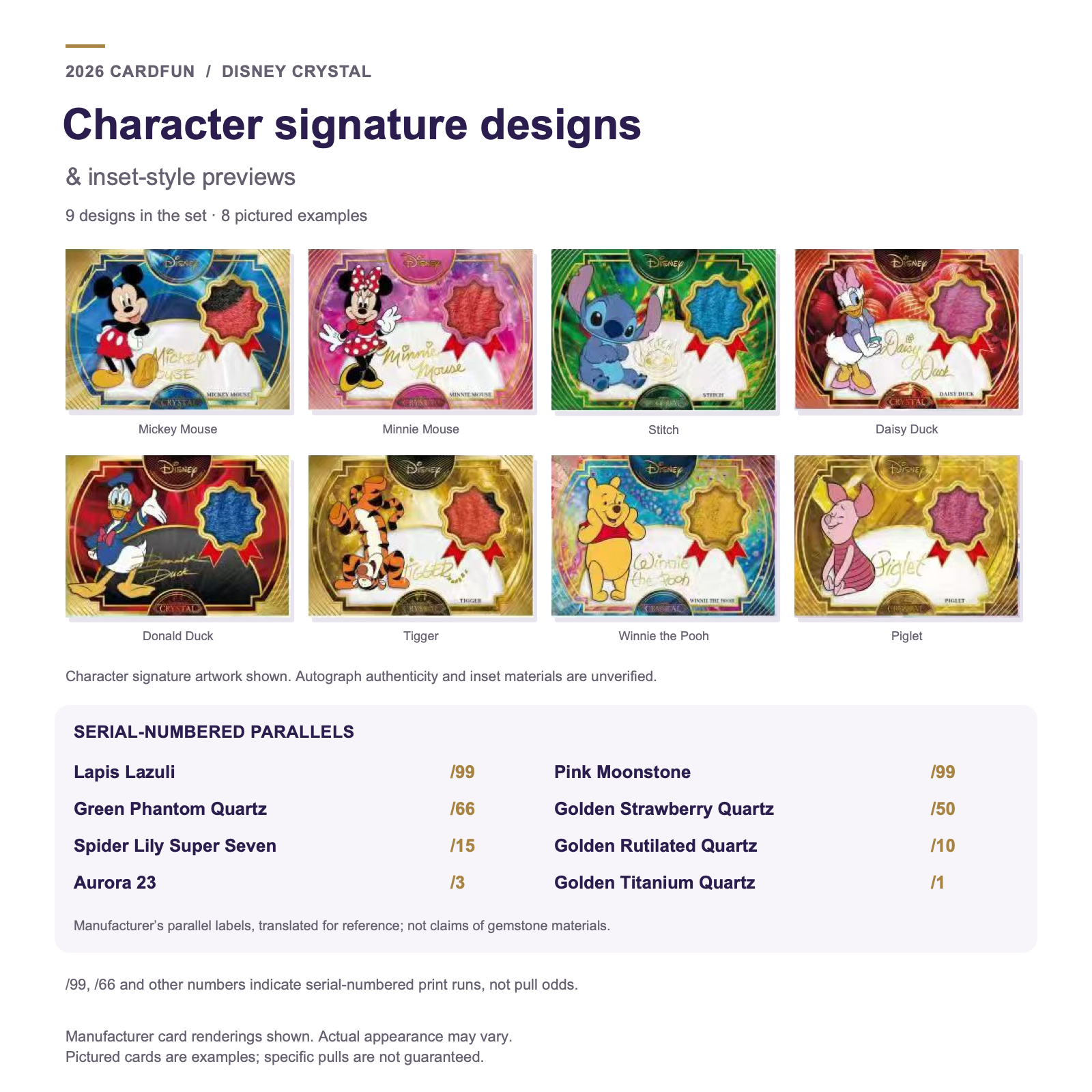 Disney CRYSTAL character signature artwork and inset-style previews with English explanations; materials and autograph authenticity are unverified.