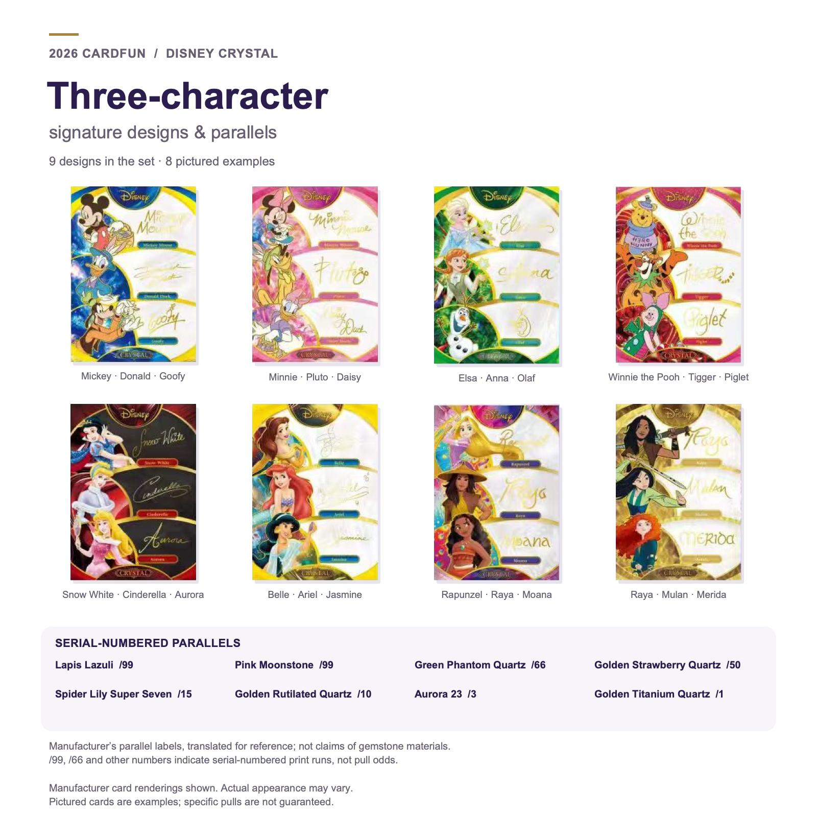 Disney CRYSTAL three-character signature-design cards and serial-numbered parallel previews with English explanations.