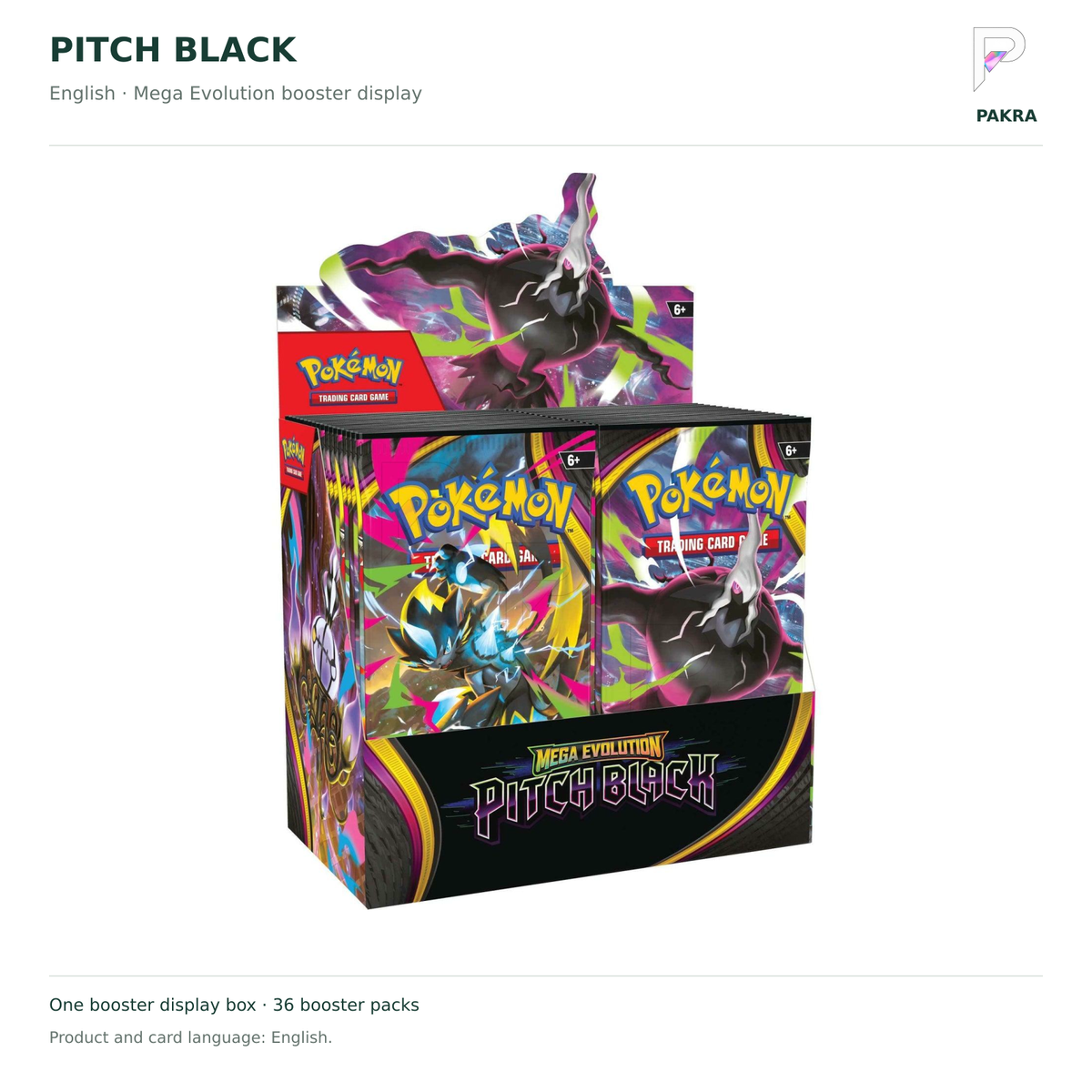 English Pokémon Mega Evolution Pitch Black 36-pack Booster Display Box on white with PAKRA logo