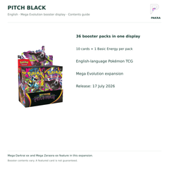 Pitch Black Booster Display contents guide: 36 English packs, each with 10 cards plus one Basic Energy