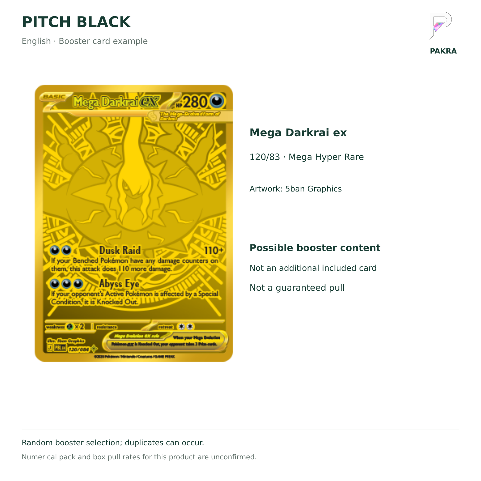 English Pitch Black Mega Darkrai ex 120/83 Mega Hyper Rare booster card example, not a guaranteed display-box inclusion