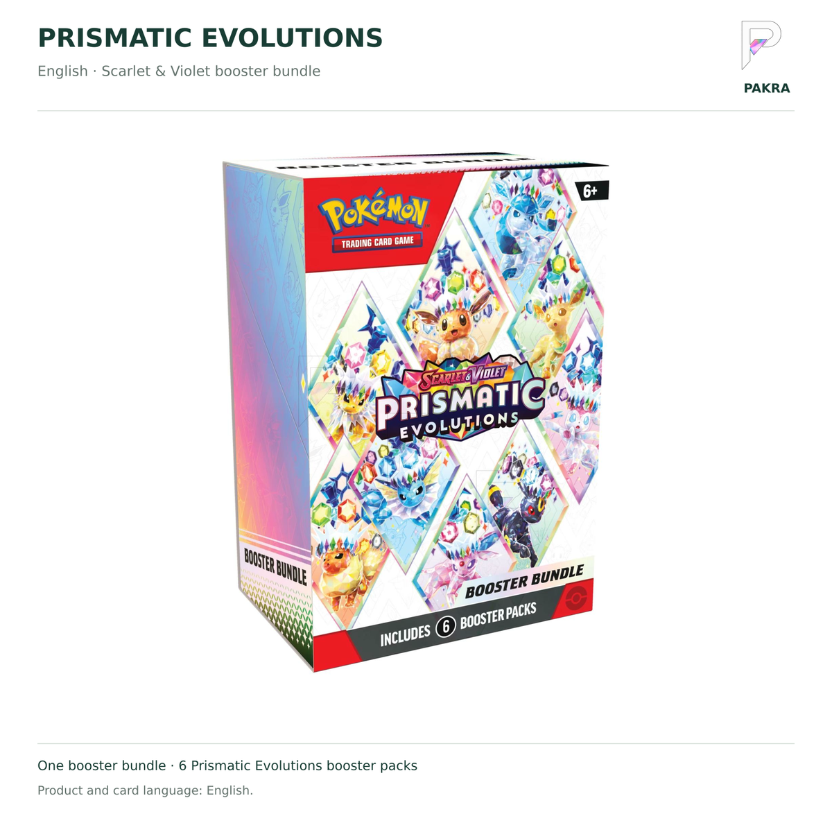 English Pokémon Prismatic Evolutions six-pack Booster Bundle on white with PAKRA logo