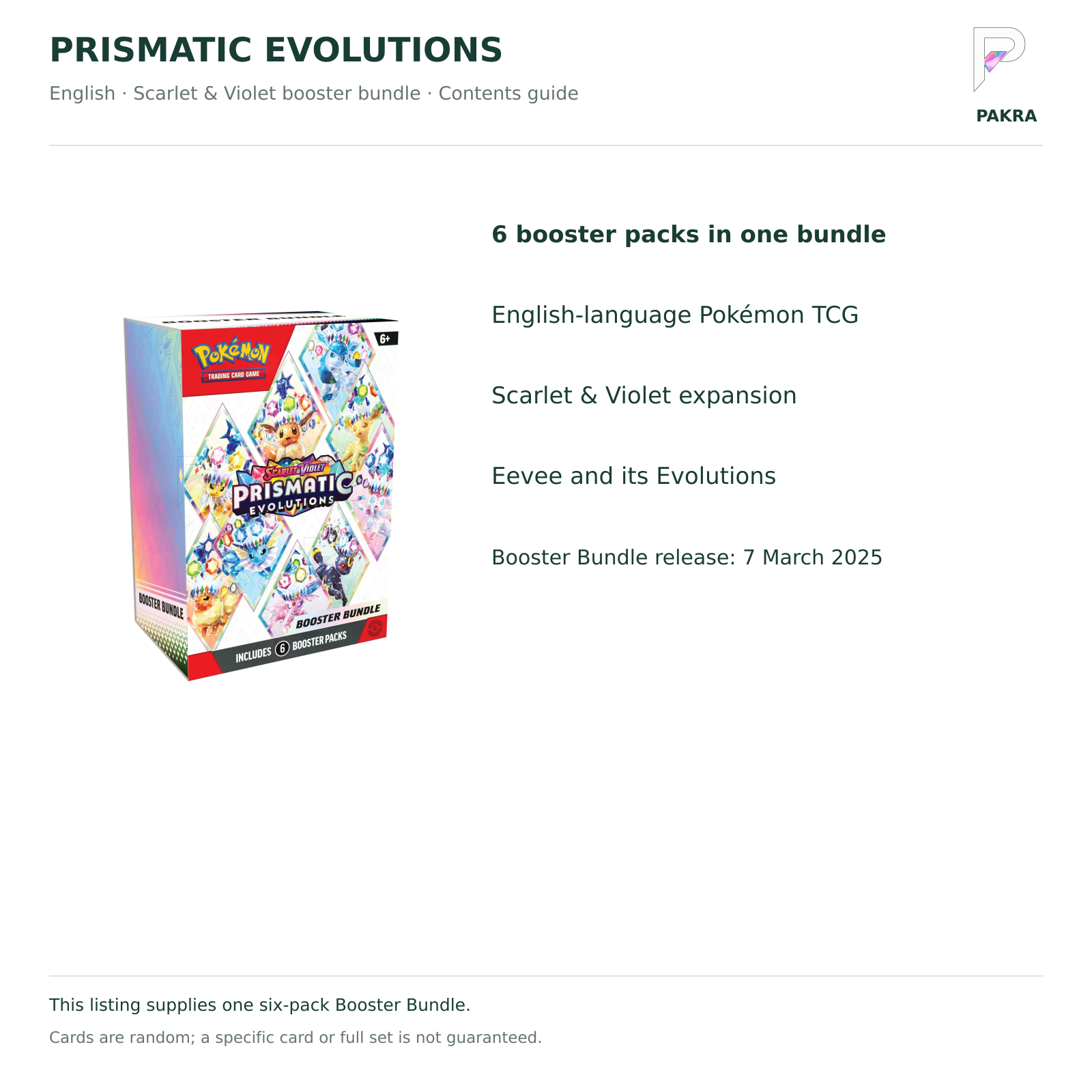 Prismatic Evolutions Booster Bundle contents guide: six English booster packs