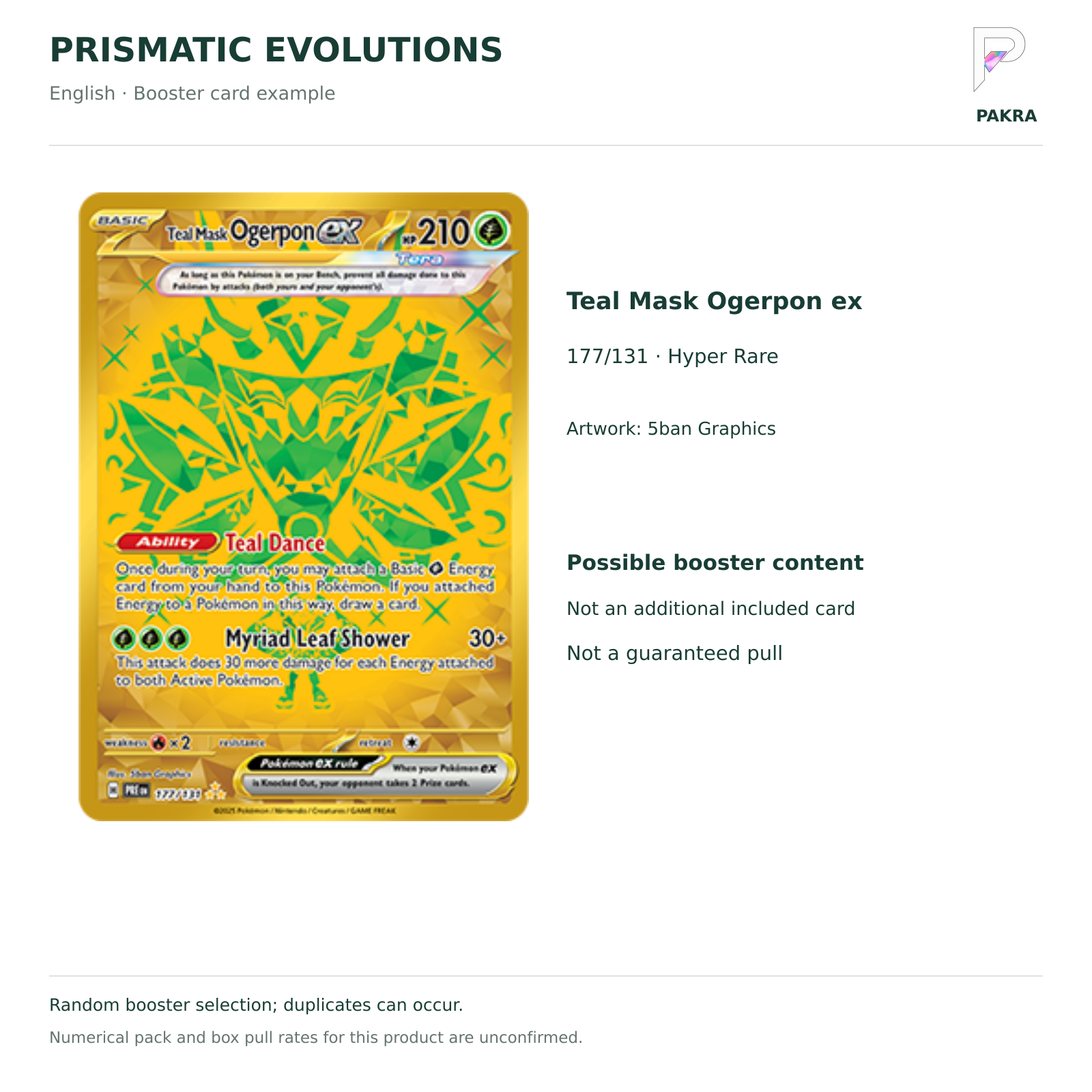 English Prismatic Evolutions Teal Mask Ogerpon ex 177/131 Hyper Rare booster card example, not a guaranteed bundle inclusion