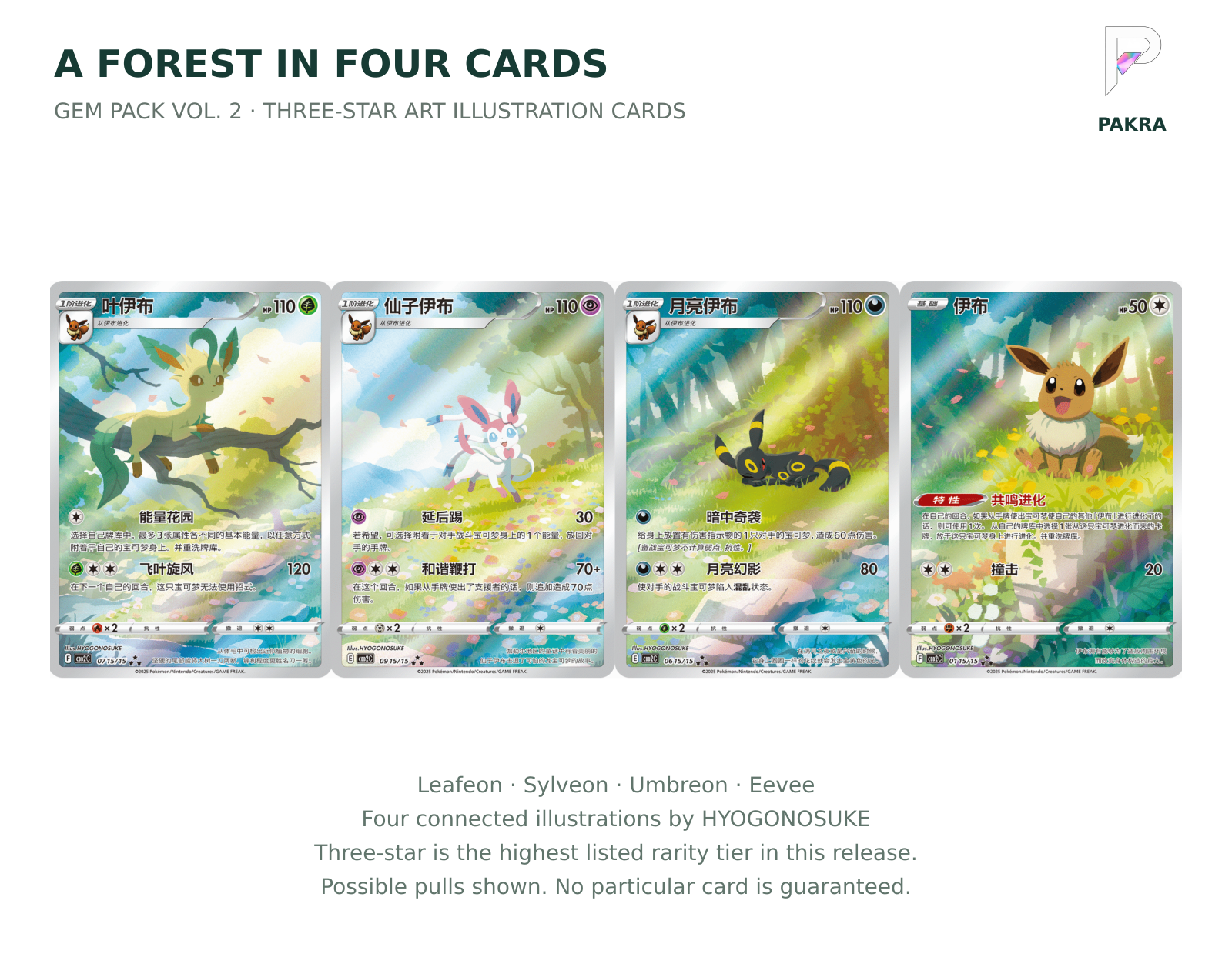 Gem Pack Vol. 2 three-star Leafeon, Sylveon, Umbreon and Eevee art illustration card examples; random pulls not guaranteed