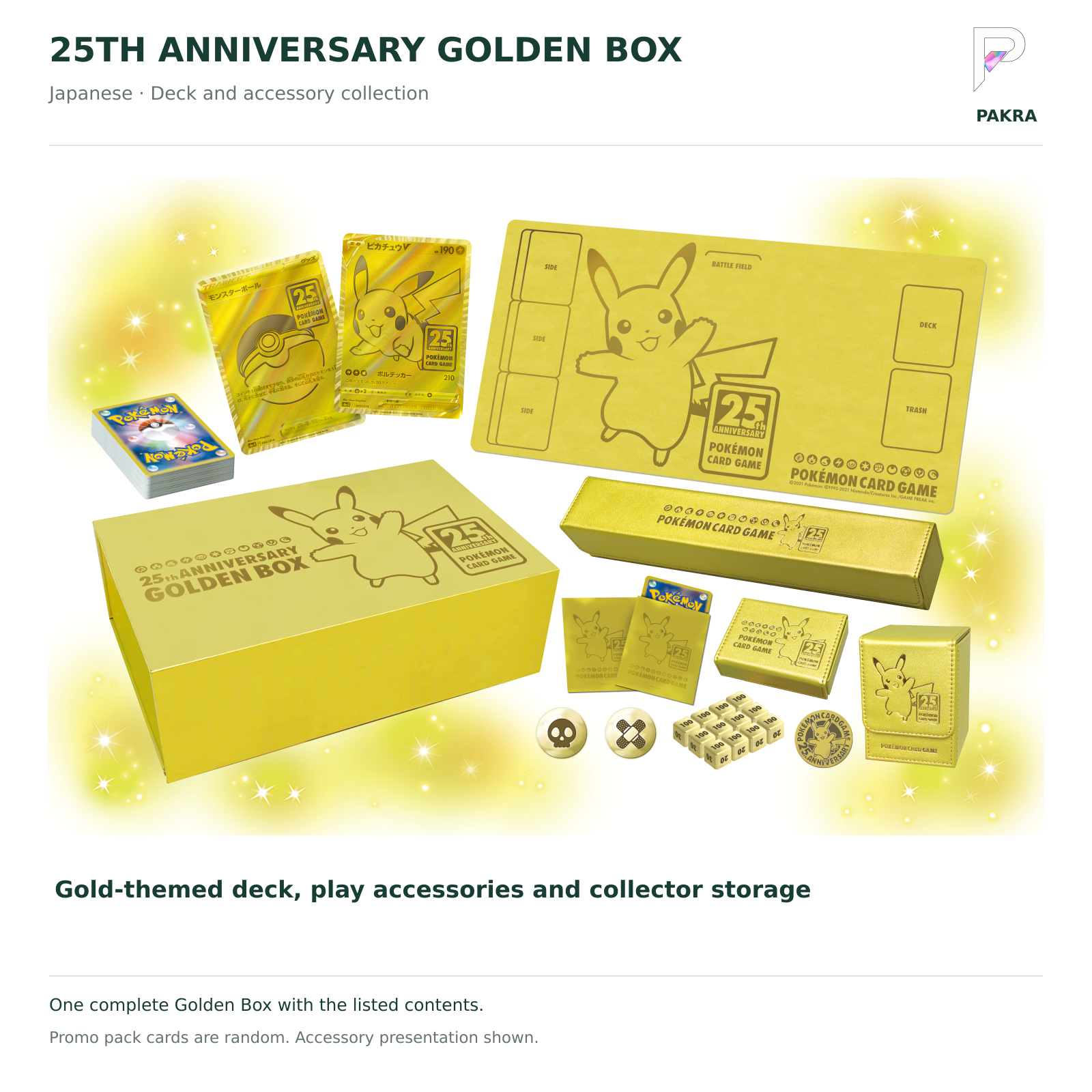 Japanese 25th Anniversary Golden Box gold deck, Pikachu accessories, playmat, sleeves and storage cases