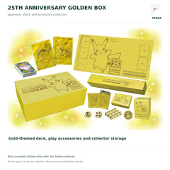 Japanese 25th Anniversary Golden Box gold deck, Pikachu accessories, playmat, sleeves and storage cases