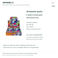 Inferno X M2 Japanese booster box contents: 30 packs of 5 cards, Japanese edition and unconfirmed pull rates