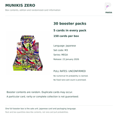 Munikis Zero M3 Japanese booster box contents: 30 packs of 5 cards, Japanese edition and unconfirmed pull rates