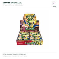Storm Emeralda M6 Japanese Pokémon booster box, 30 five-card packs, white background with PAKRA logo