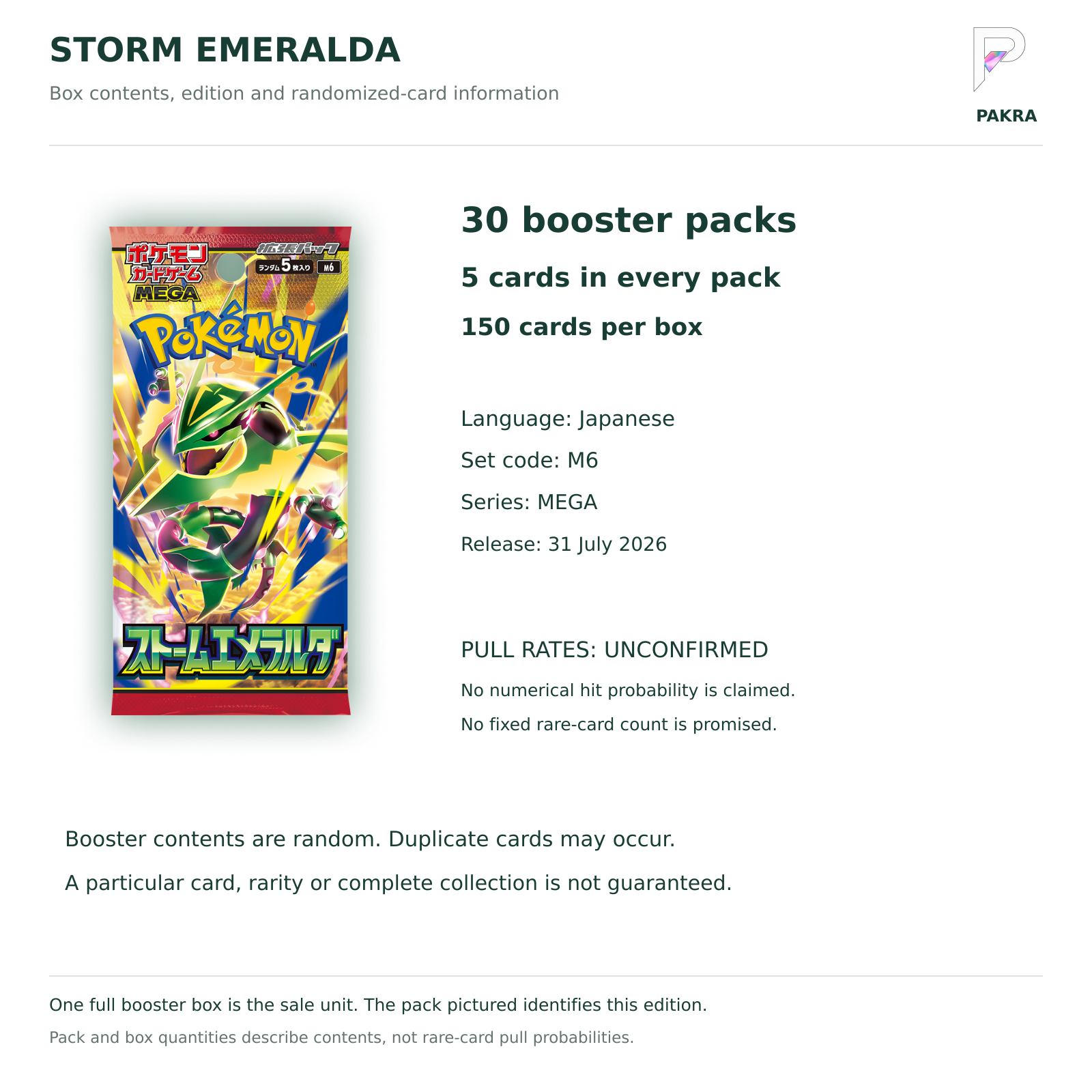 Japanese M6 booster box contents: 30 packs of five cards, 150 cards total; release 31 July 2026; numerical pull rates unconfirmed