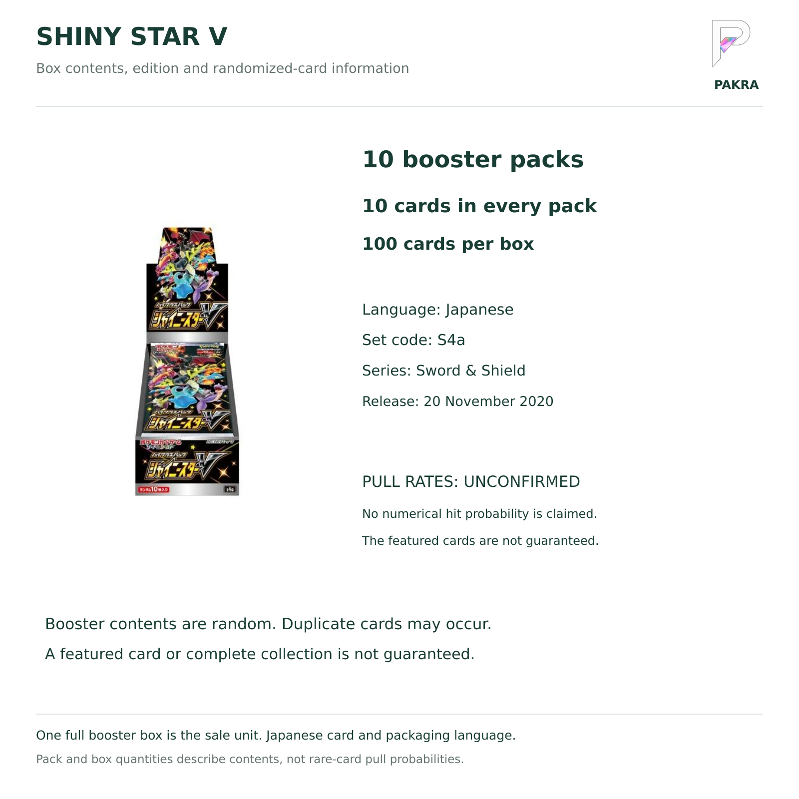 Shiny Star V S4a Japanese booster box contents: 10 packs of 10 cards and unconfirmed numerical pull rates