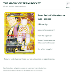 The Glory of Team Rocket SV10 Japanese booster box Team Rocket’s Mewtwo ex 130/098 UR card example and random-content notice