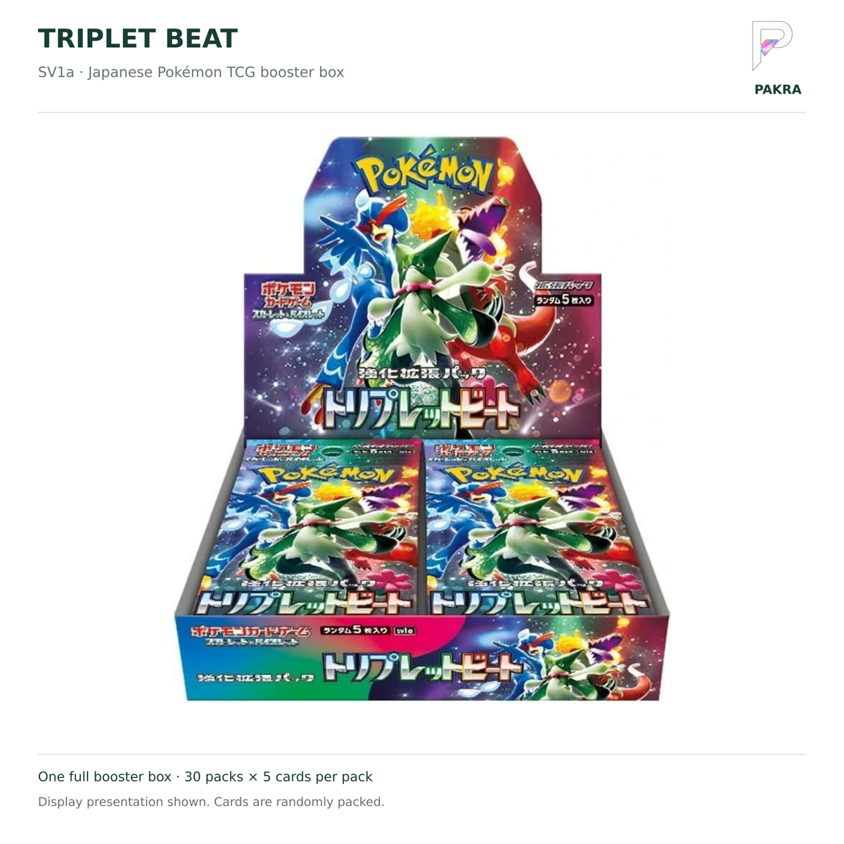 Triplet Beat SV1a Japanese Pokémon booster box, 30 five-card packs, white background with PAKRA logo