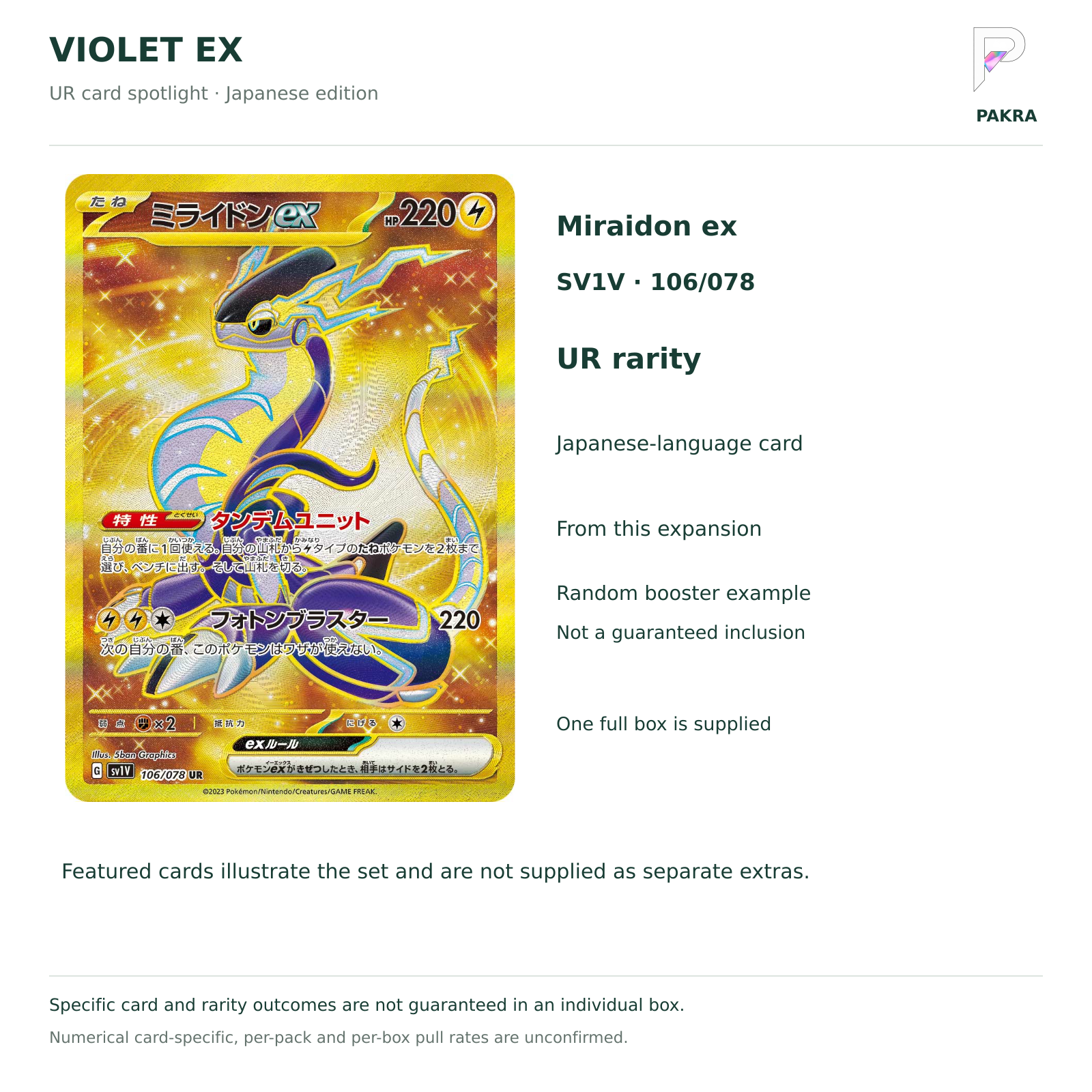 Violet ex SV1V Japanese booster box Miraidon ex 106/078 UR card example and random-content notice