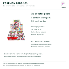 Pokemon Card 151 SV2a Japanese booster box contents: 20 packs of 7 cards, Japanese edition and unconfirmed pull rates