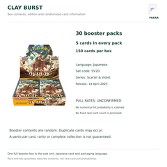 Clay Burst SV2D Japanese booster box contents: 30 packs of 5 cards, Japanese edition and unconfirmed pull rates