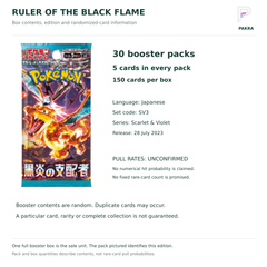 Japanese SV3 booster box contents: 30 packs of five cards, 150 cards total; release 28 July 2023; numerical pull rates unconfirmed