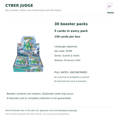 Cyber Judge SV5M Japanese booster box contents: 30 packs of 5 cards, Japanese edition and unconfirmed pull rates