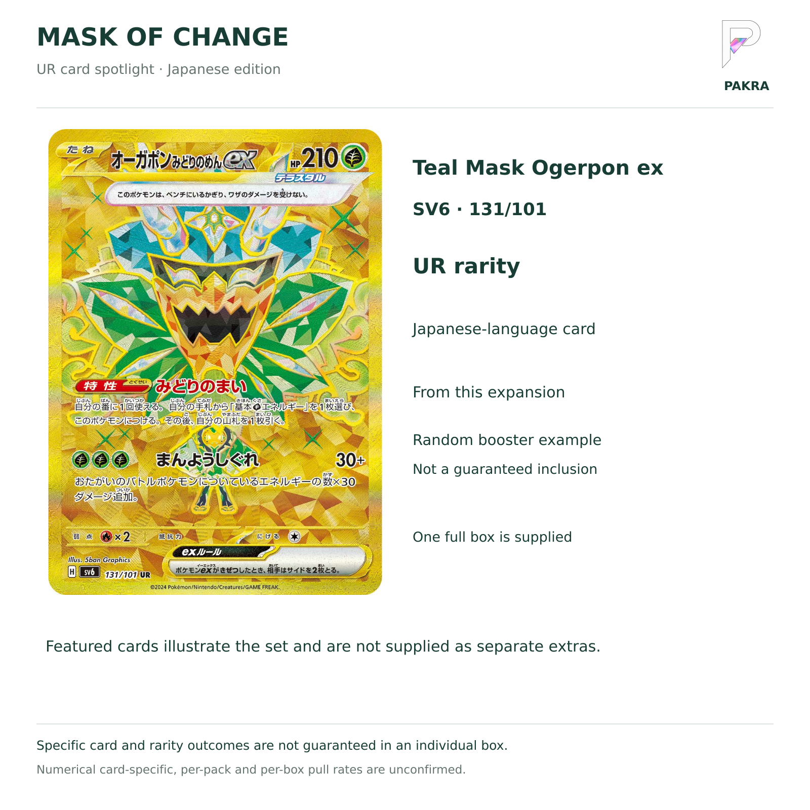 Mask of Change SV6 Japanese booster box Teal Mask Ogerpon ex 131/101 UR card example and random-content notice