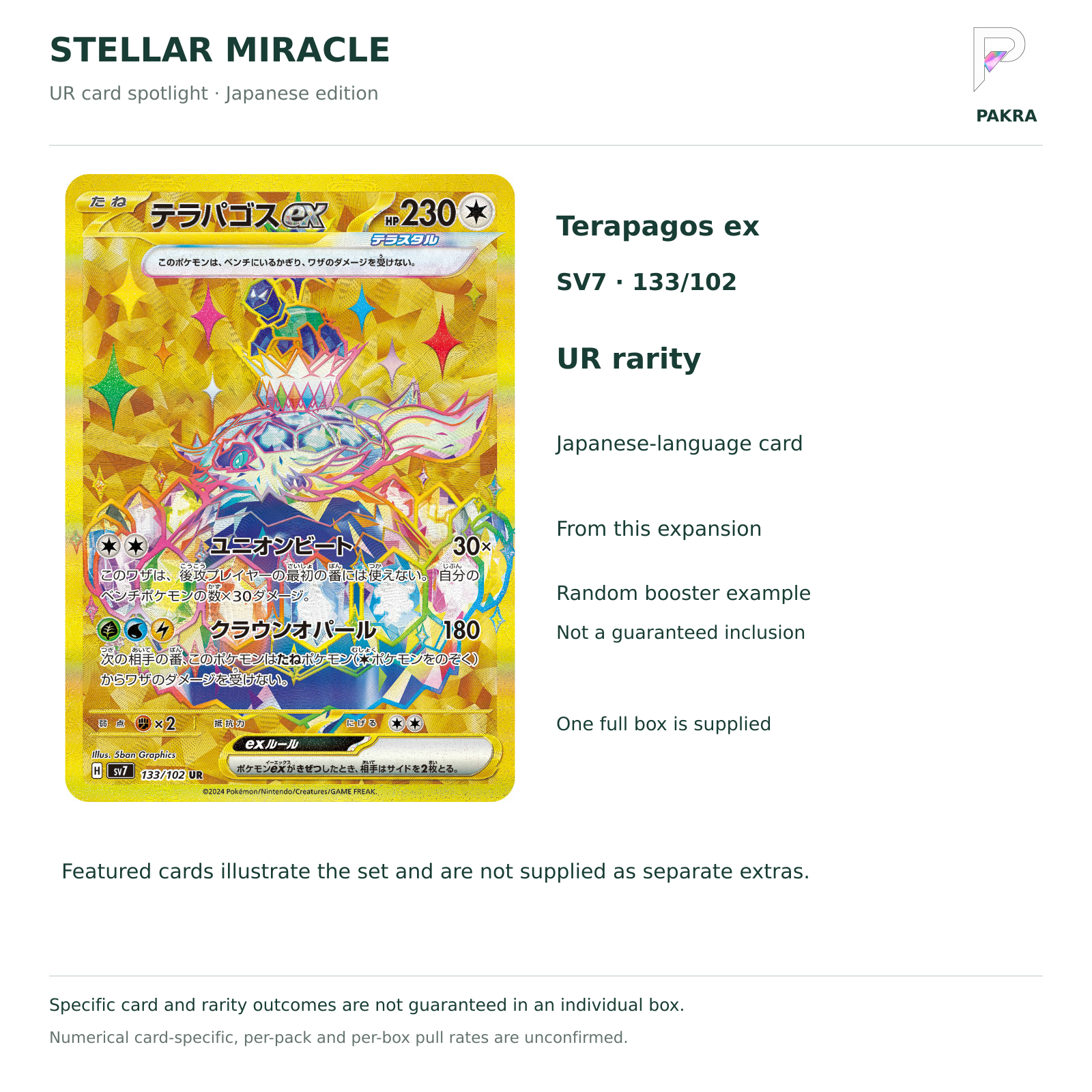 Stellar Miracle SV7 Japanese booster box Terapagos ex 133/102 UR card example and random-content notice
