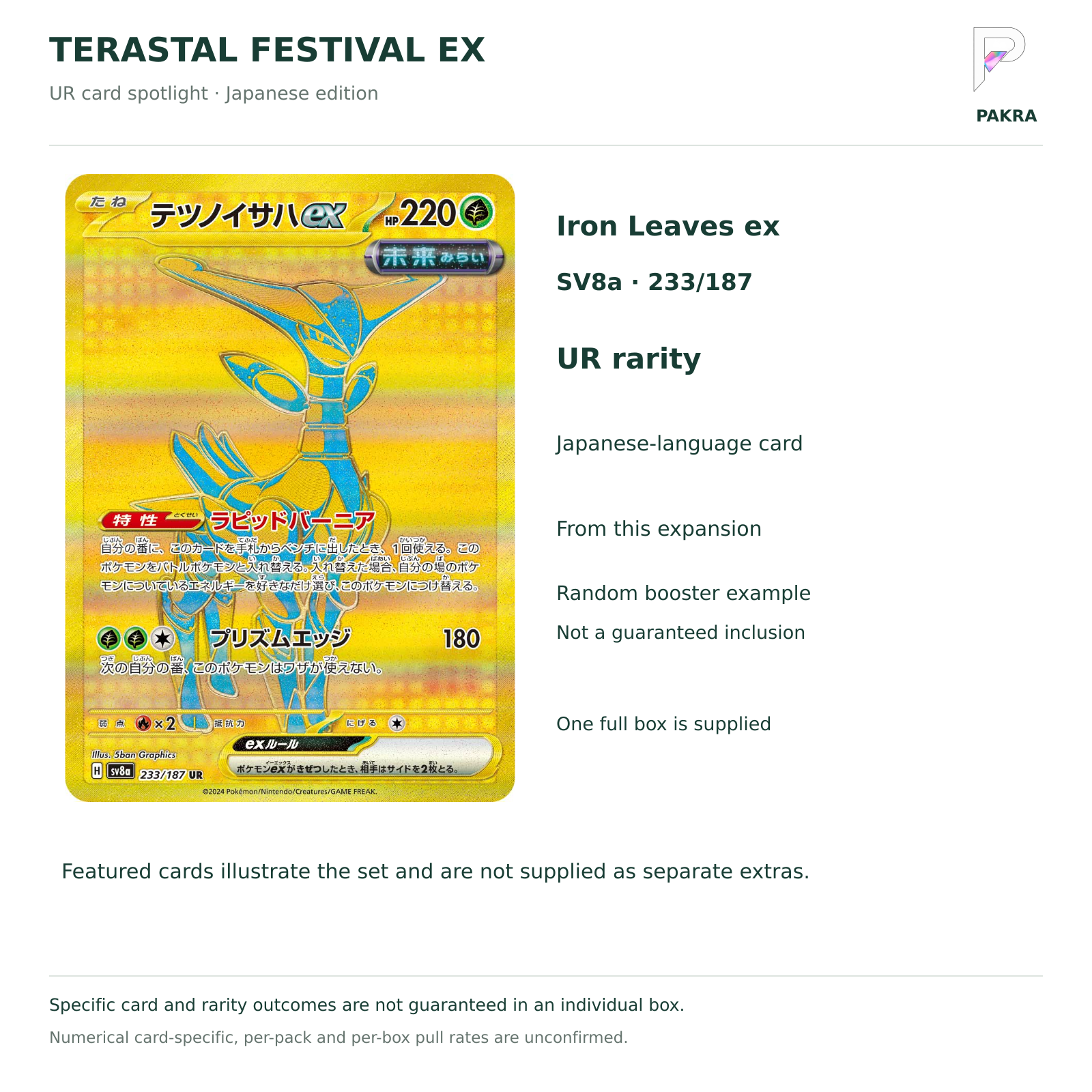 Terastal Festival ex SV8a Japanese booster box Iron Leaves ex 233/187 UR card example and random-content notice